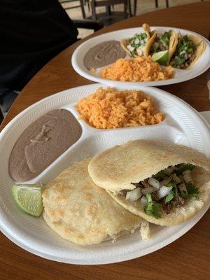 Order of taco plate: three tacos plus rice and beans Order of Gordita plate.  Carne Asada