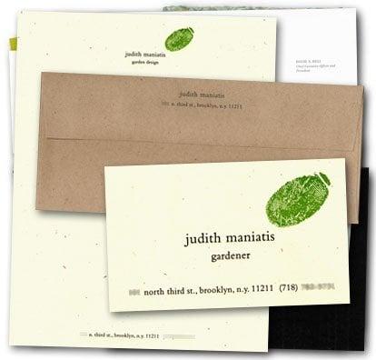 Judith's "green thumb" letterpress stationery is printed on 100% recycled papers.