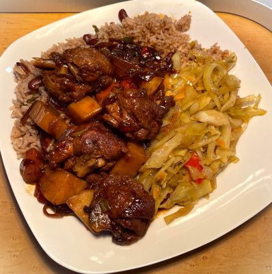 Brown Stew Chicken, Rice & Beans with Cabbage