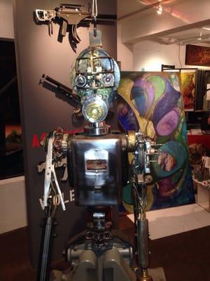 Robots sculpted from old pay phones and sewing machines.