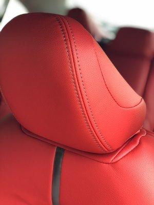 Pictured here: headrest from a Toyota Camry custom leather installation.