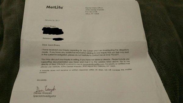 Metlife's unvestigation into Dr. Cohen.