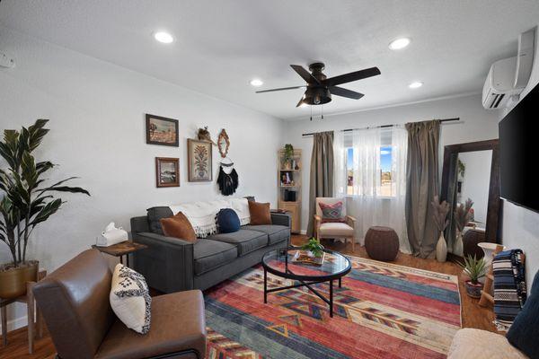 Desert Southwestern Boho Eclectic Joshua Tree Living Room. Home Buzz Staging & Redesign.