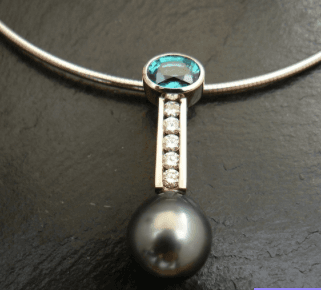 Custom, one-of-a-kind slide pendant  Tahitian pearl, blue zircon white gold omega chain