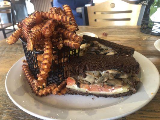 Grilled Mushroom Melt and Sweet Potato Fries