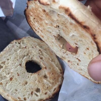 So much for my bagel and cream cheese. Who eats a bagel like this? And no refund. That's my last visit to the one.