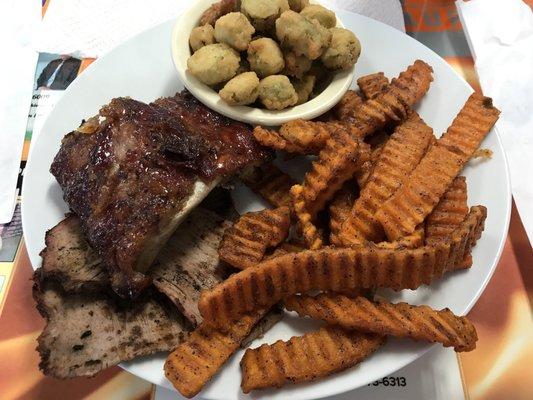 2 meat platter w/ ribs & roast beef, sweet tater fries, and fried okra