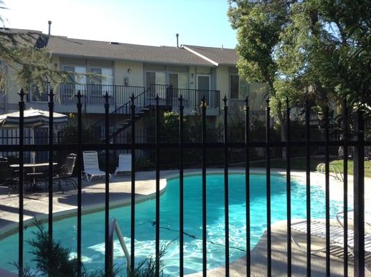 The pool and buildings at Brookdale Manor Apartments (Merced).