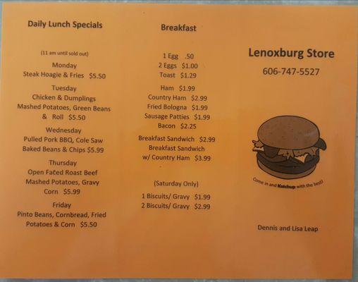 Menu - breakfast and lunch specials