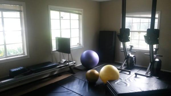 The matted room with yoga balls and upper body machines.