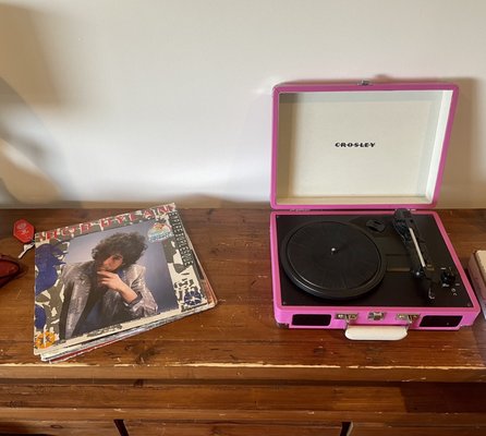 record player and records in room