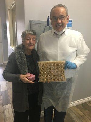 Our patient showing appreciation to Dr. Whitcher with a box of chocolate.