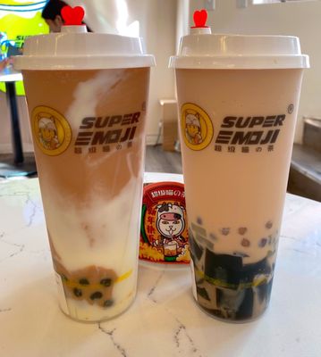 (L) Hot Thai Mochi Milk Tea with Pearls (R) Iced Signature Herbal Jelly Taro Ball Super Mix