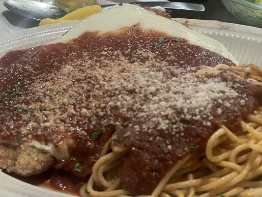 Veal (real veal not the processed patty) parm with spaghetti and Sunday sauce