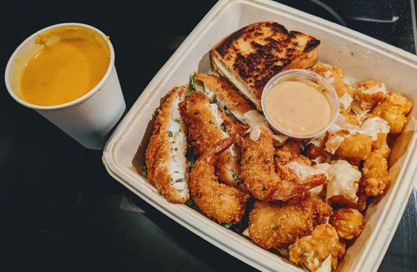 Crispy Shrimp, Crispy Cod, Truffle Parmesan Tots & Butternut Squash Soup, Garlic Bread