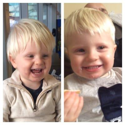 Before saggy hair mess after to our big boy hair cut!