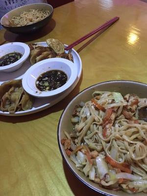 Shrimp and pork dumplings, chicken with vegetables noodle bowl. Yum