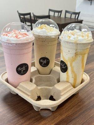 Wild Berry, Cafe Latte and Dulce de Leche shakes to go.