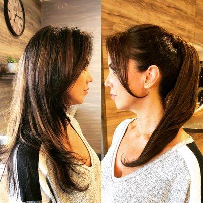 Smooth blow dry using Monat. High pony style.