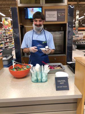 Sampling the Grilled Sausage Salad with Berry-Peach Cobbler dessert at Aprons inside Publix. Thanks, Alex!