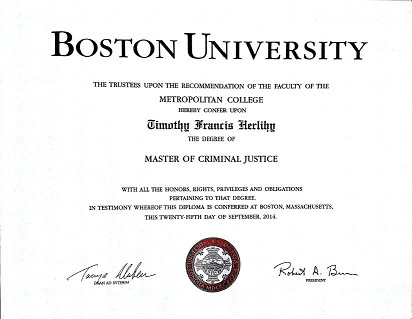 Recently graduated from the Boston University, Masters in Criminal Justice Program.