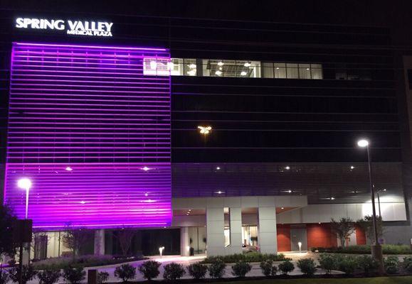 Front of the new location of the International Medicine Center at night.