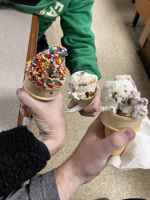 Baby Ice cream cones including blueberry cheesecake, salted caramel crunch, and soft chocolate