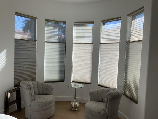 Hunter Douglas Duette's with sheer for more privacy and light filtering when shade is open. Love this feature!!