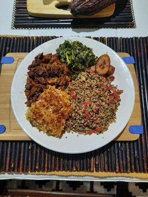 Fried Quinoa, Vegan Mac, BBQ Mushrooms, Kale Greens, Plantains.