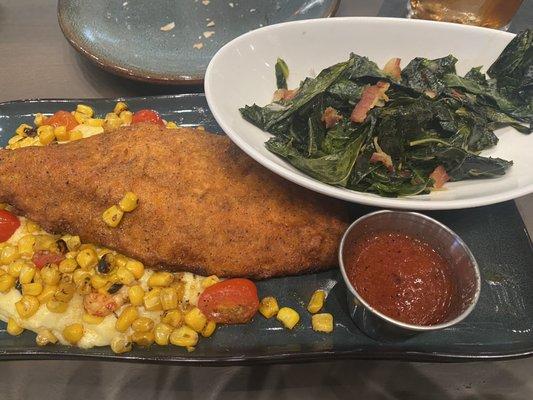 Cornmeal fried catfish, frites, and greens