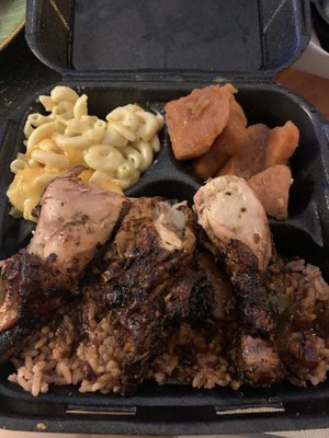 Dark chicken dinner with Mac and cheese and candied yams...yum