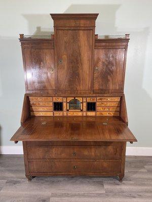 19th Century Swedish Mahogany Drop Front Desk with Inlaid Marquetry Compartments and Secret Compartments  48"w x 78"h x 22"d (13" deep at t