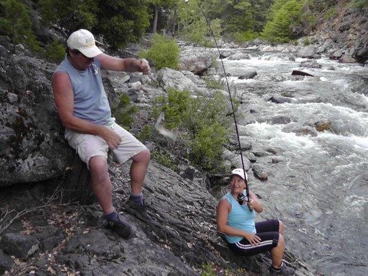 Fishing right by the cabin