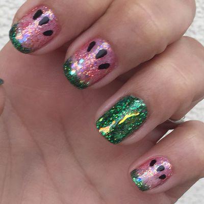 Custom nail art request. Gel polish on natural nails. Glitter, Mylar, hand painting.