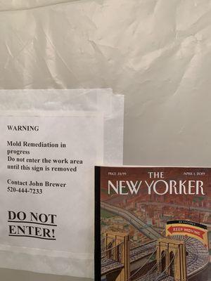 Room sealed since October waiting for Brewer to return and complete the work. Note the April 2019 New Yorker.