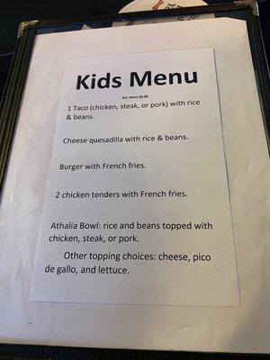 Kids menu