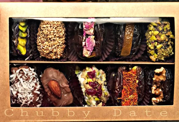 Filled Dates Box (2lb) Assorted Nuts, Orange Peel, Dragon Fruit, Coconut and based with Nut Butter coated with Belgium Chocolate