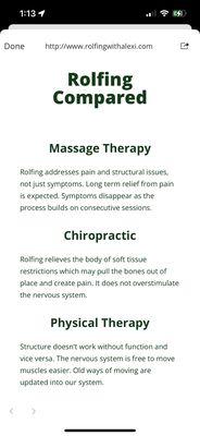 Comparing to massage therapy, chiropractic, physical therapy... Doesn't actually say what Rolfing does.