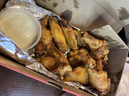 Garlic parm chicken wings and their amazing blue cheese