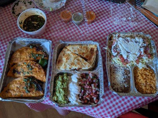 Birra tacos, al pastor quesadilla, carnitas enchiladas