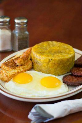 Start your day happy with this fantástic caribbean breakfast!!!! , two eggs ,mashed plantains,  fried  cheese and spanish salame