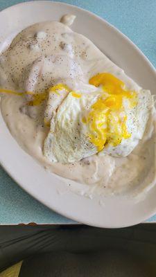 Biscuits/gravy with eggs.