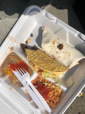 #8 combo - hard shell taco and small beef & bean burritto with beans and rice