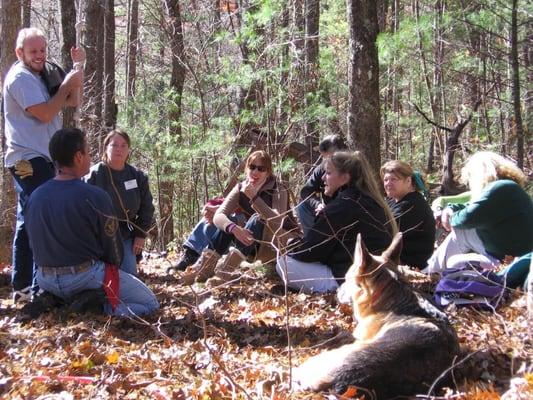 Zena the service dog assisting in a ropes course challenge debrief at www.Enota.com GA Reunification Center.