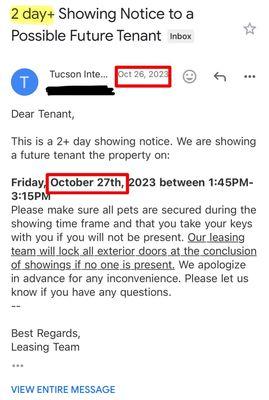 The law requires a 48 hour heads up. Maybe I'm an idiot, but I'm pretty sure that October 26 is not two days before October 27.