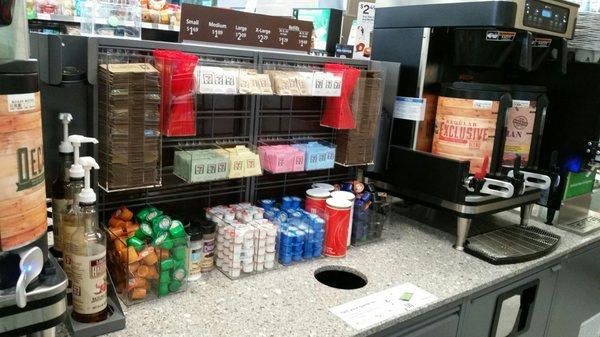 Coffee station is well stocked