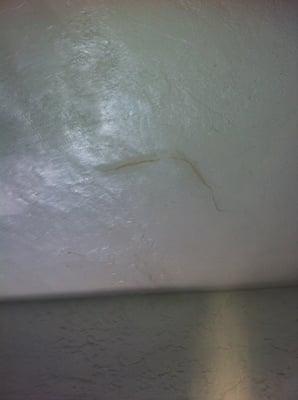 This is one of the pictures I sent to the property manager when they bought our building. Leak in ceiling, drips during rain.