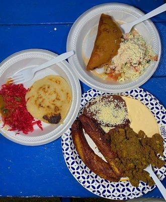 Pastelito, Pupusa, Platano con Carne (Top to Bottom)