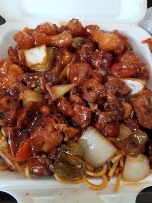 General Tso's, mango chicken, and Thai chicken, over noodles.