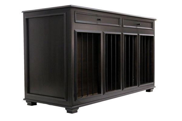 Upscale Designer Double Kennel furniture for two dogs, media cabinet or credenza. Shown in Ebony featuring SureShield Luxury Finishes